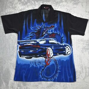 Snake Eyes Shirt Mens Medium Black Blue Dragon Car Graphic Flame Button Up 2000s